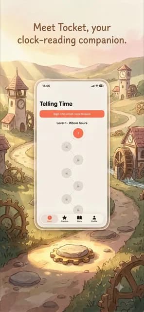 Tocket app Level 1 lesson path, illustrated over a sunlit village of clock towers