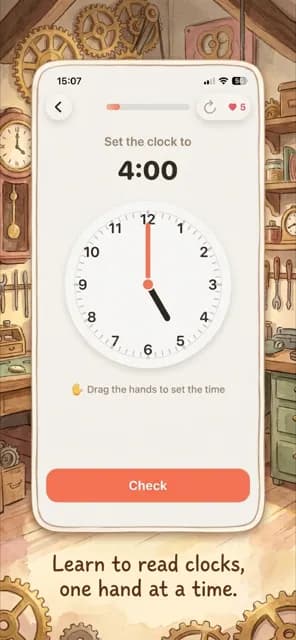 Set the Clock exercise, illustrated inside Tocket's clockwork workshop